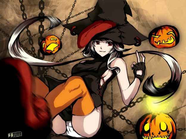 Обои картинки фото аниме, -halloween & magic, улыбка, шляпа, магия, язык, цепь, тыква, ведьма, девушка
