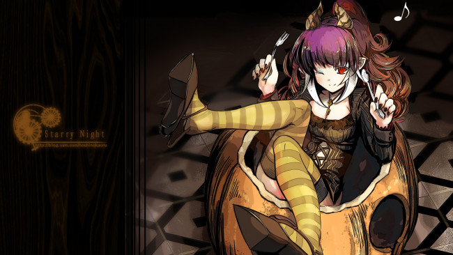 Обои картинки фото аниме, -halloween & magic, вилка, ложка, девушка, hoshinokaoru, ключ, нота, тыква, рога, демон