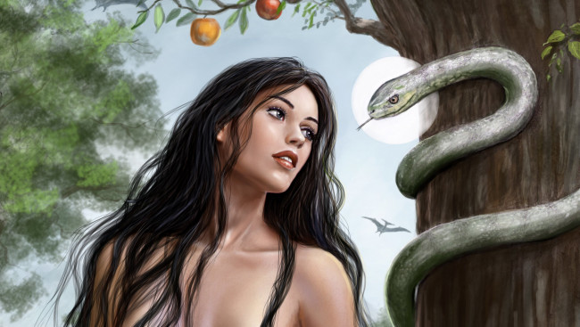 Обои картинки фото фэнтези, красавицы и чудовища, змея, яблоня, дерево, волосы, ева, взгляд, девушка, арт