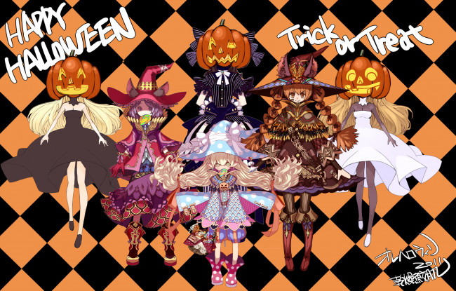 Обои картинки фото аниме, -halloween & magic, kansou, samehada, шляпа, тыква, украшения, ушки, конфеты, девушки, костюм