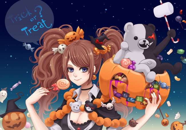 Обои картинки фото аниме, danganronpa, halloween, magic, девушка, monokuma, enoshima, junko, шляпа, медведь, игрушка, сладости, тыква, ночь, звезды, леденец, конфеты