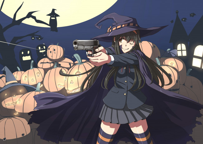 Обои картинки фото аниме, -halloween & magic, оружие, плащ, тыквы, ночь, летучая, мышь, сова, луна, замок, пистолет, девушка, шляпа