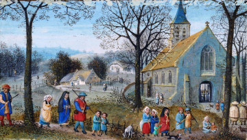 Картинка villagers+on+their+way+to+church+-+simon+bening рисованное живопись деревья церковь люди крестьяне