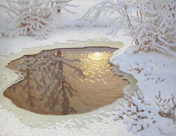 Обои картинки фото рисованное, живопись, снег, зима, gustaf, fjaestad, вода