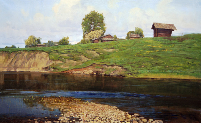 Обои картинки фото май, рисованное, николай анохин, дома, склон, весна, кувшинки, река