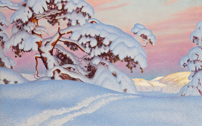 Обои картинки фото рисованное, живопись, тропа, сосна, снег, gustaf, fjaestad, зима