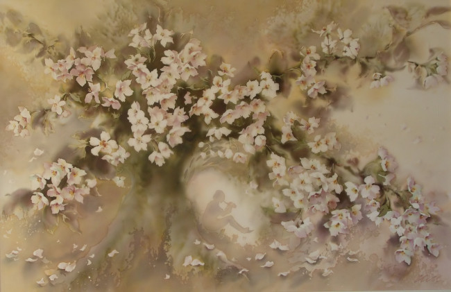 Обои картинки фото рисованное, живопись, весна, музыкант, цветы, дерево