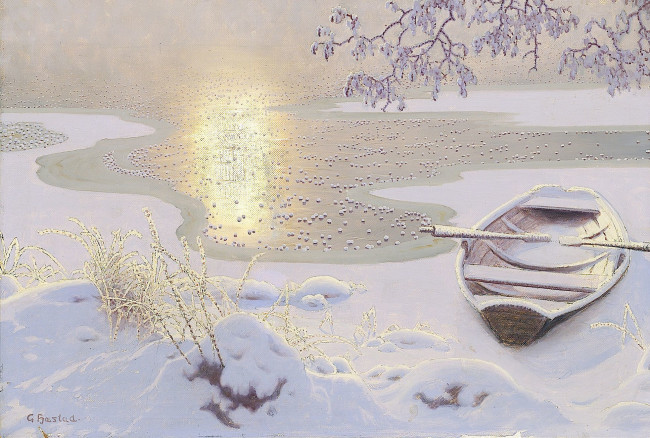Обои картинки фото рисованное, живопись, вода, солнце, зима, снег, берег, лодка, лёд, gustaf, fjaestad