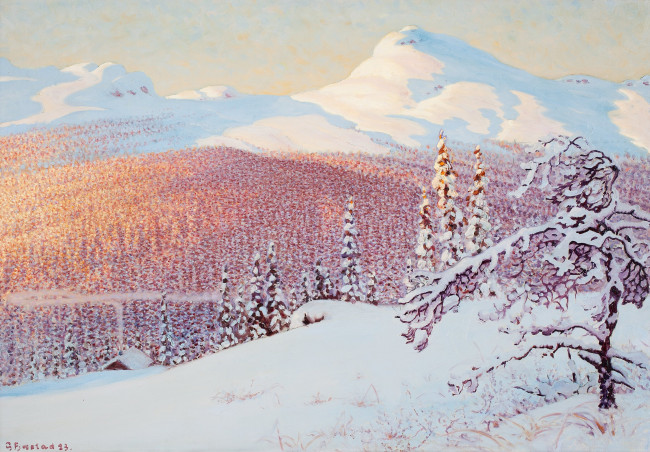 Обои картинки фото рисованное, живопись, горы, снег, зима, gustaf, fjaestad
