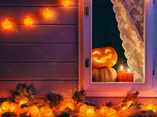 Картинка праздничные хэллоуин pumpkin осень ночь хеллоуин тыква halloween autumn candle окно holidays