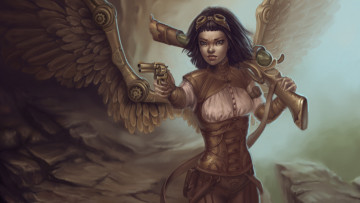 Картинка фэнтези ангелы girl ружье steampunk крылья пистолет