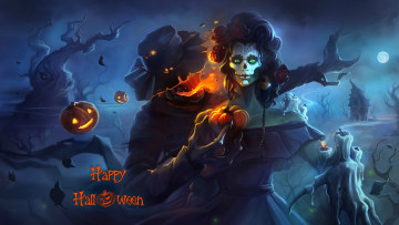 Картинка праздничные хэллоуин ночь девушка тыква halloween чучело арт праздник смерть взгляд шляпа
