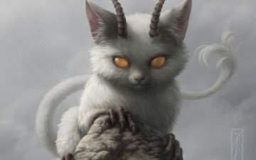 Картинка фэнтези существа кошка скала зверек демон рога камень