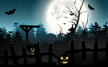 Картинка праздничные хэллоуин кладбище удавка ночь летучие мыши полнолуние halloween адская ухмылка светильник джека виселица тыквы петля