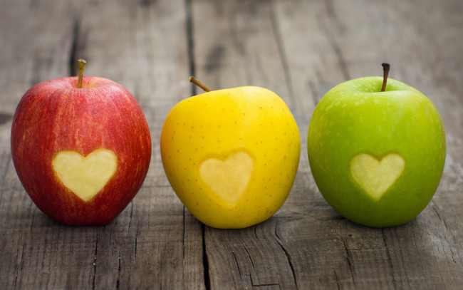 Обои картинки фото еда, Яблоки, сердечки, яблоки, фрукты