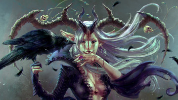 Картинка фэнтези демоны взгляд фон девушка ворон рога