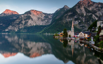 обоя города, гальштат , австрия, горы, озеро, отражение