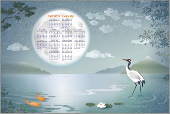 обоя календари, рисованные, векторная, графика, рыба, озеро, лилии, цапля