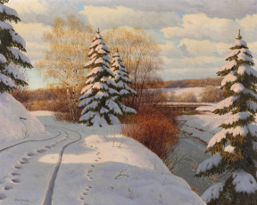 Картинка рисованные борис бессонов зима снег следы река берег деревья березы елки