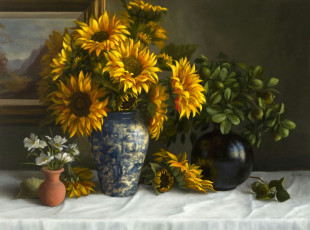 Картинка рисованные цветы стол скатерть вазы натюрморт подсолнухи