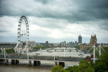 обоя города, лондон, великобритания, панорама, мост, река, колесо, обозрения