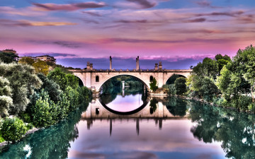 Картинка города мосты закат небо деревья река мост