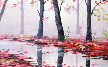 Картинка осенний пейзаж рисованные природа осень лужа листья деревья