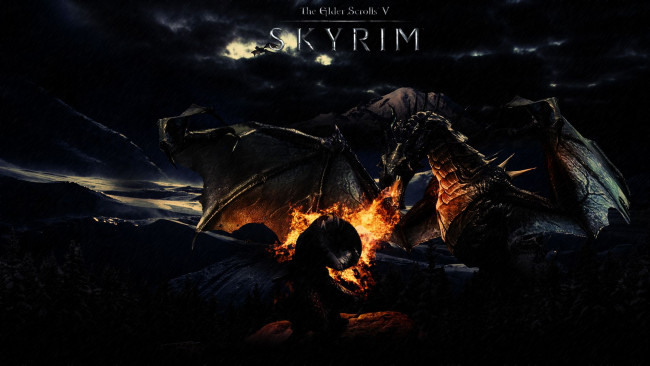 Обои картинки фото skyrim, видео, игры, the, elder, scrolls, дракон, огонь, тучи