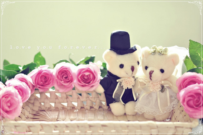 Обои картинки фото разное, игрушки, розы, медвежата, жених, невеста