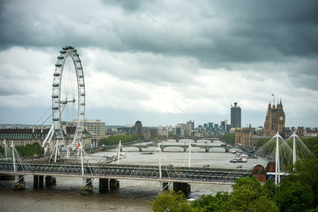 Обои картинки фото города, лондон, великобритания, панорама, мост, река, колесо, обозрения