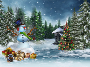 обоя праздничные, 3д графика , новый год, снег, снеговик, подарки, елка, украшения