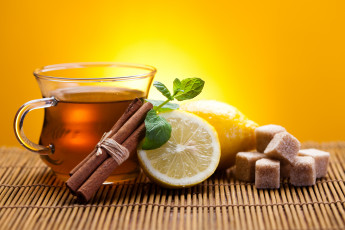 Картинка еда напитки +Чай лимон палочки корица сахар циновка чашка чай