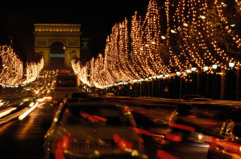 обоя города, париж , франция, триумфальная, арка, рождество, иллюминация, улица, гирлянды, деревья