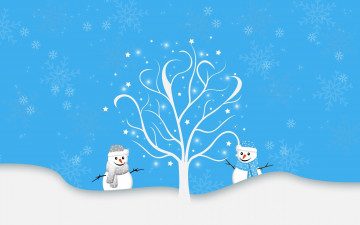 Картинка праздничные векторная+графика+ новый+год снеговики дерево снег снежинки