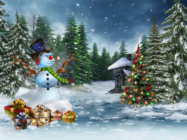 Обои картинки фото праздничные, 3д графика , новый год, снег, снеговик, подарки, елка, украшения