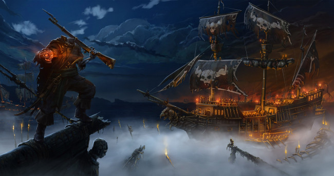 Обои картинки фото фэнтези, нежить, корабль, оружие, пиратский, череп, andrej horoschun