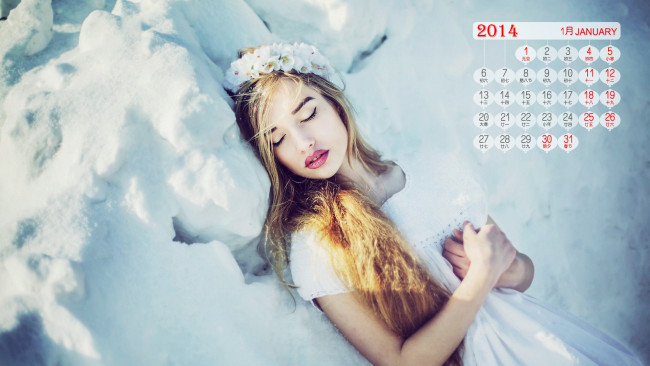 Обои картинки фото календари, девушки, цветы, снег, девушка