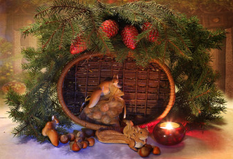 Картинка праздничные -+разное+ новый+год игрушки корзина свеча белки орехи ель