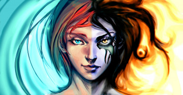 Картинка фэнтези девушки water fire вода огонь глаза взгляд арт