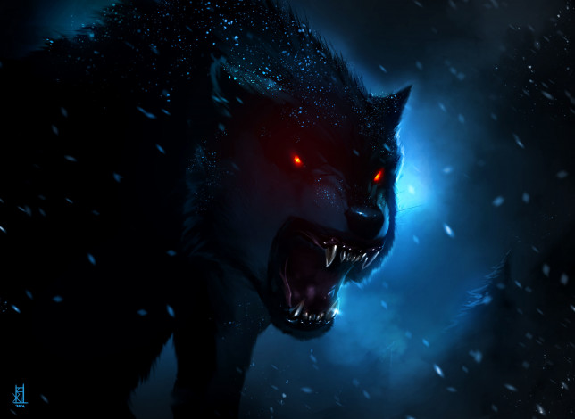 Обои картинки фото фэнтези, оборотни, рычание, снег, клыки, пасть, взгляд, wolf, волк, арт