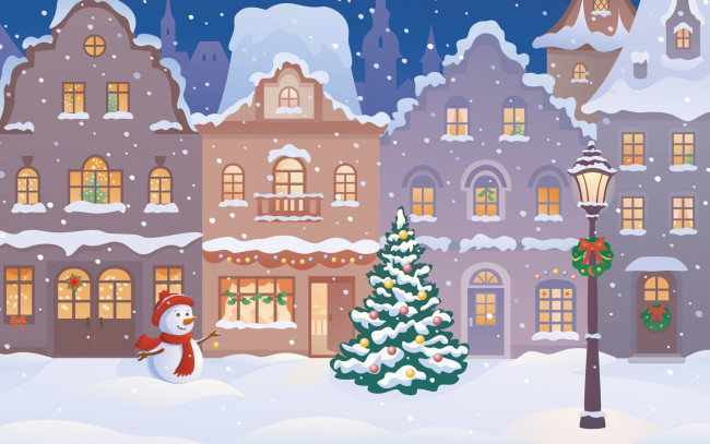 Обои картинки фото праздничные, векторная графика , новый год, улица, город, снеговик, снег, зима, ёлка, фонарь, дома