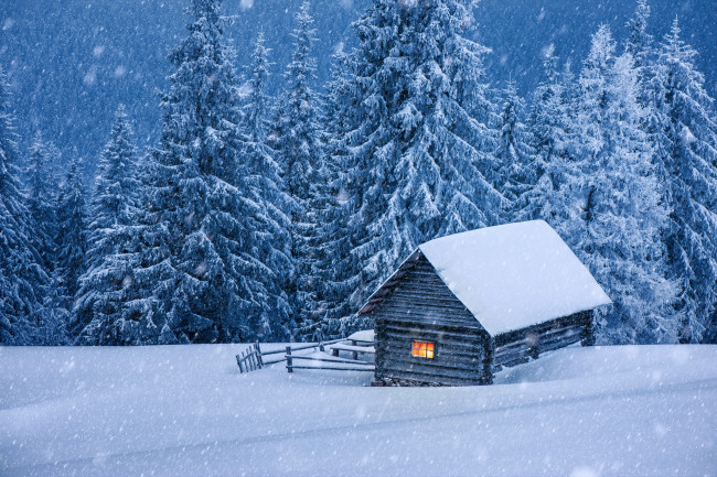 Обои картинки фото природа, зима, снег, ели, домик
