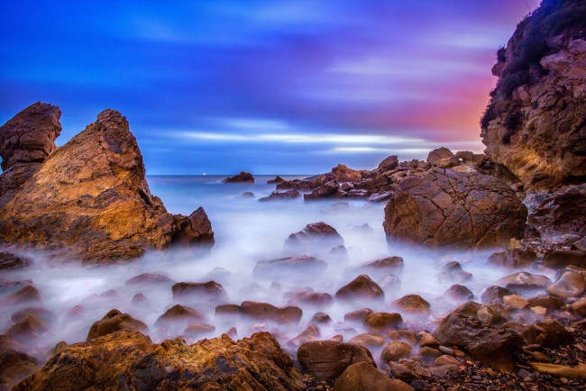 Обои картинки фото природа, побережье, рассвет, скалы, пляж, usа, california, corona, del, mar, океан, камни