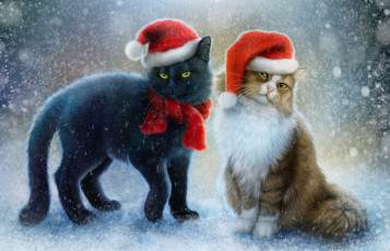 обоя рисованное, животные,  коты, шарф, шапочки, снег, коты