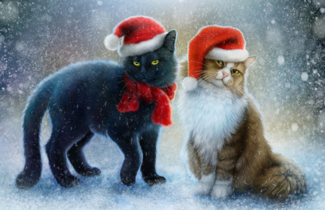 Обои картинки фото рисованное, животные,  коты, шарф, шапочки, снег, коты