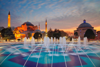 обоя города, стамбул , турция, стамбул, вечер, аця-софия, минарет, фонтан, собор, святой, софии