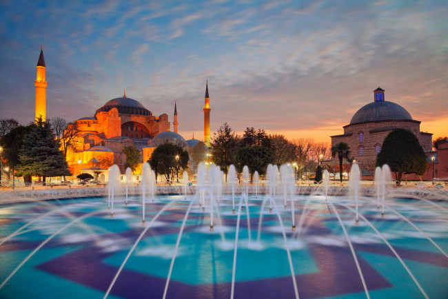 Обои картинки фото города, стамбул , турция, стамбул, вечер, аця-софия, минарет, фонтан, собор, святой, софии