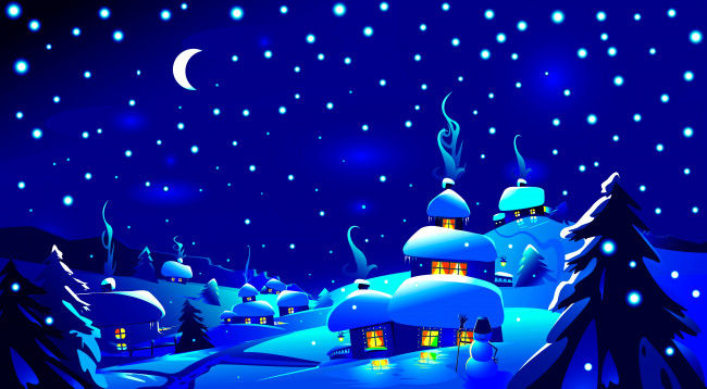 Обои картинки фото векторная графика, город , city, снежинки, снеговик, огни, ночь, лес, вектор, снег, дома, деревья, синева, деревня, луна, месяц, небо, сугробы, зима