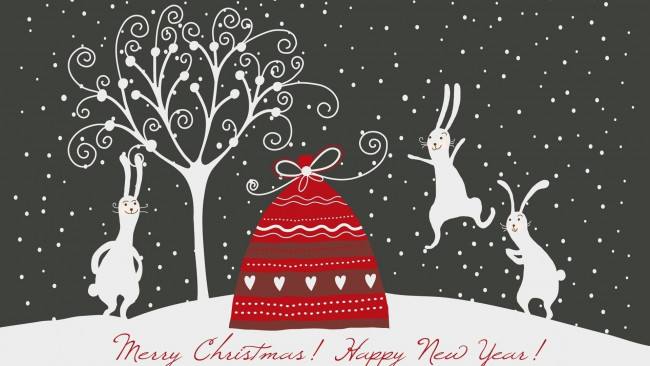 Обои картинки фото праздничные, векторная графика , новый год, зайцы, снег, дерево, мешок