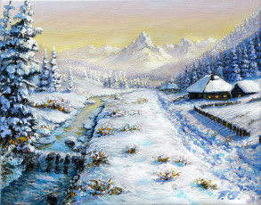 обоя рисованное, живопись, горы, лес, снег, дома, зима, ручей